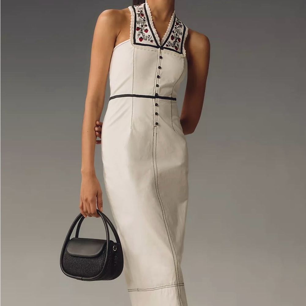 Anthropologie White Midi Dress with Black and Red Accents